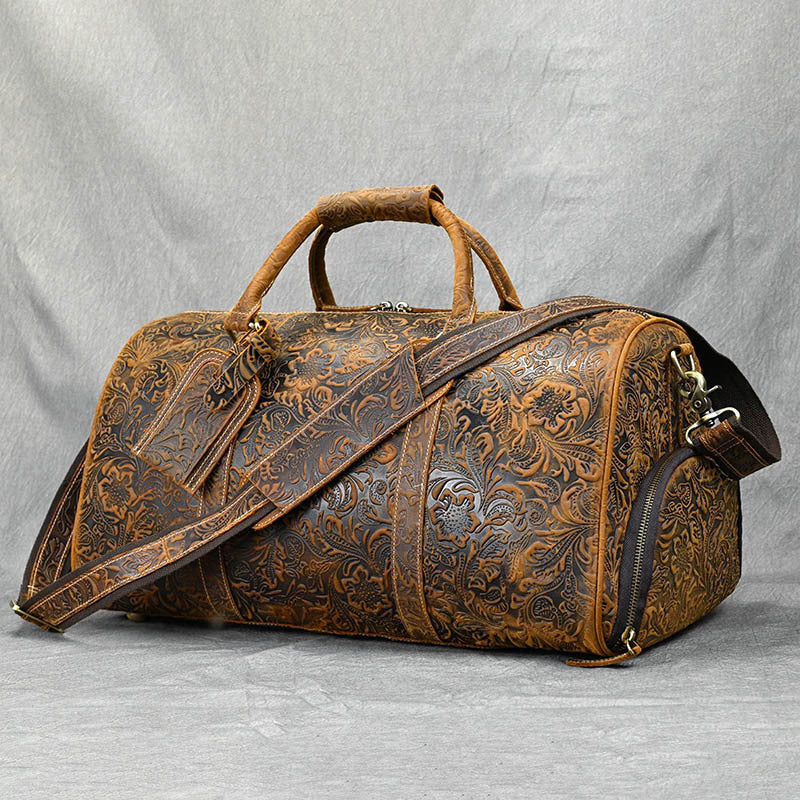 Vintage Print Crazy Horse Leather Handbag