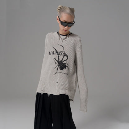 Women's Destruction Hole Spider Print Loose Sweater