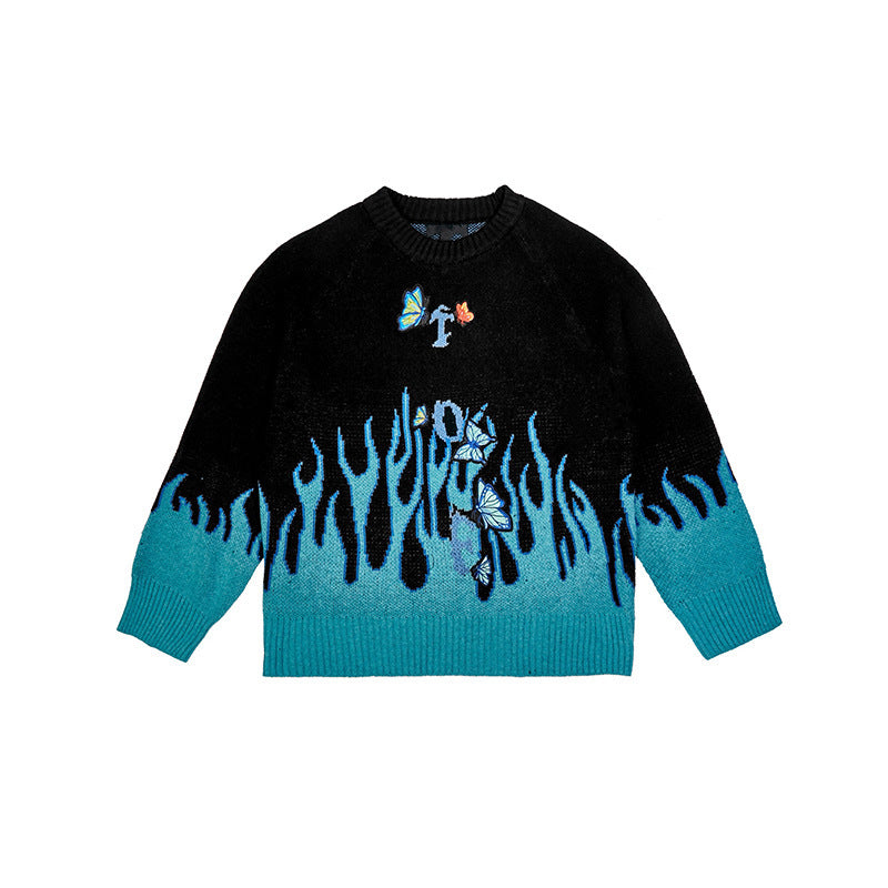 Flame butterfly embroidered sweater