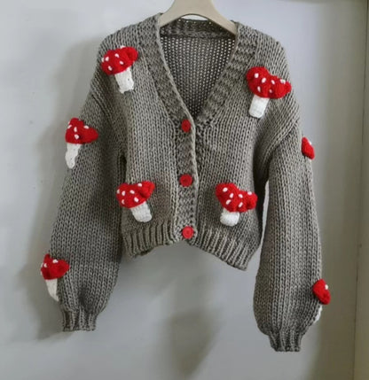 Loose Sweet Tridimensional Mushroom Crochet Short Sweater Cardigan