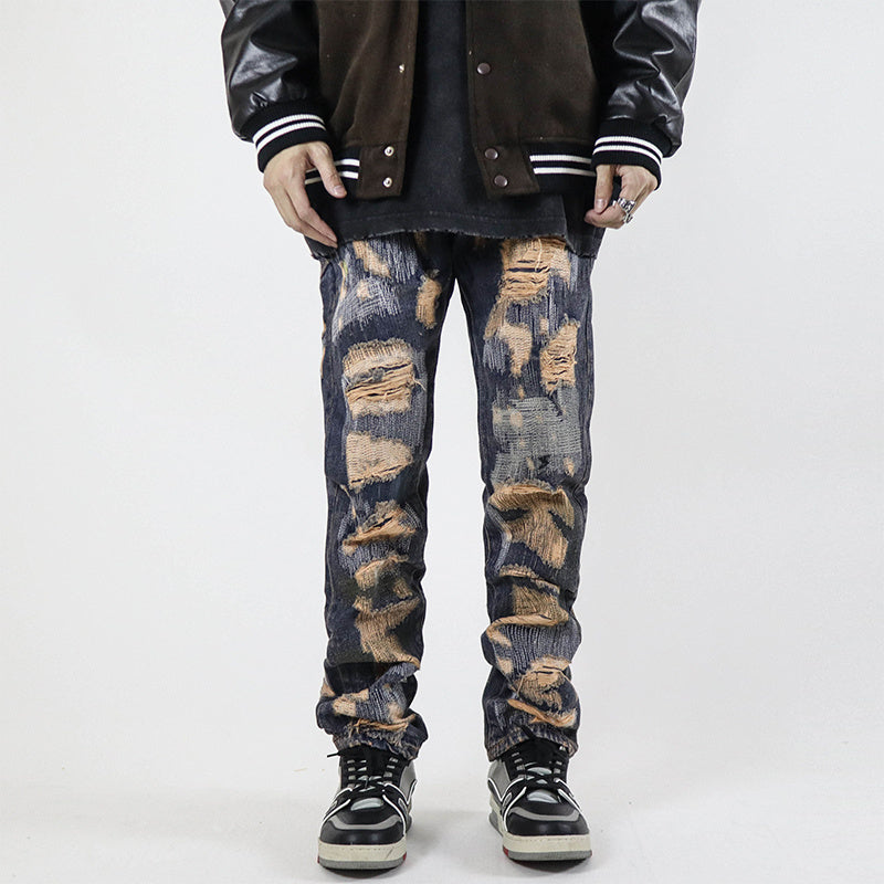 Retro Washed Straight Hole Blasted Street Jeans