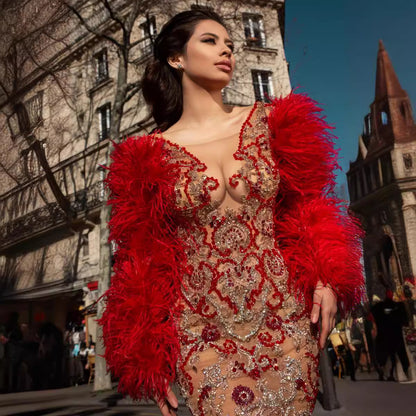 Women Red Feather Long Sleeve Mesh Rhinestone Dress