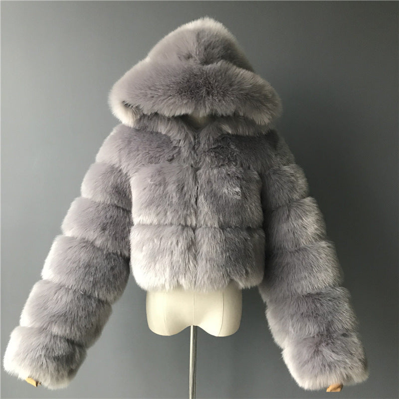 Short hooded faux fur long sleeve coat