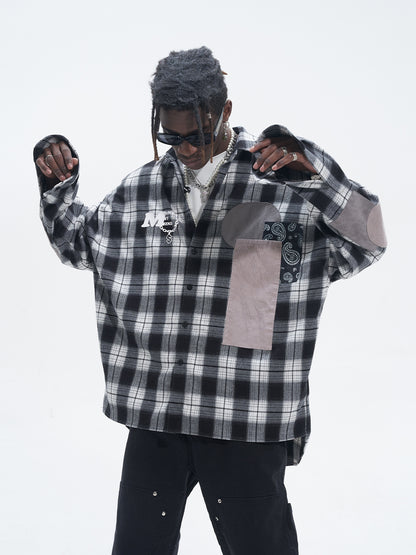 Street Hip Hop Fabric Patchwork Plaid Loose Casual Long Sleeve Shirt