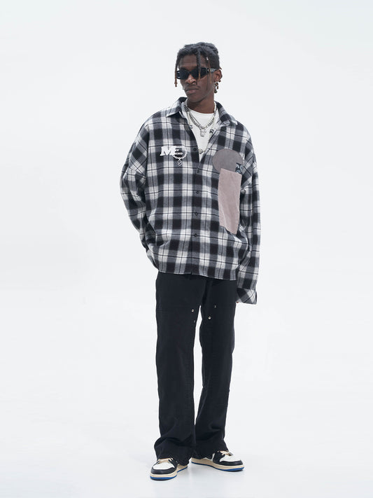 Street Hip Hop Fabric Patchwork Plaid Loose Casual Long Sleeve Shirt