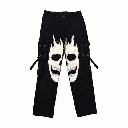 Stitching skull pants multi-pocket functional zipper trousers