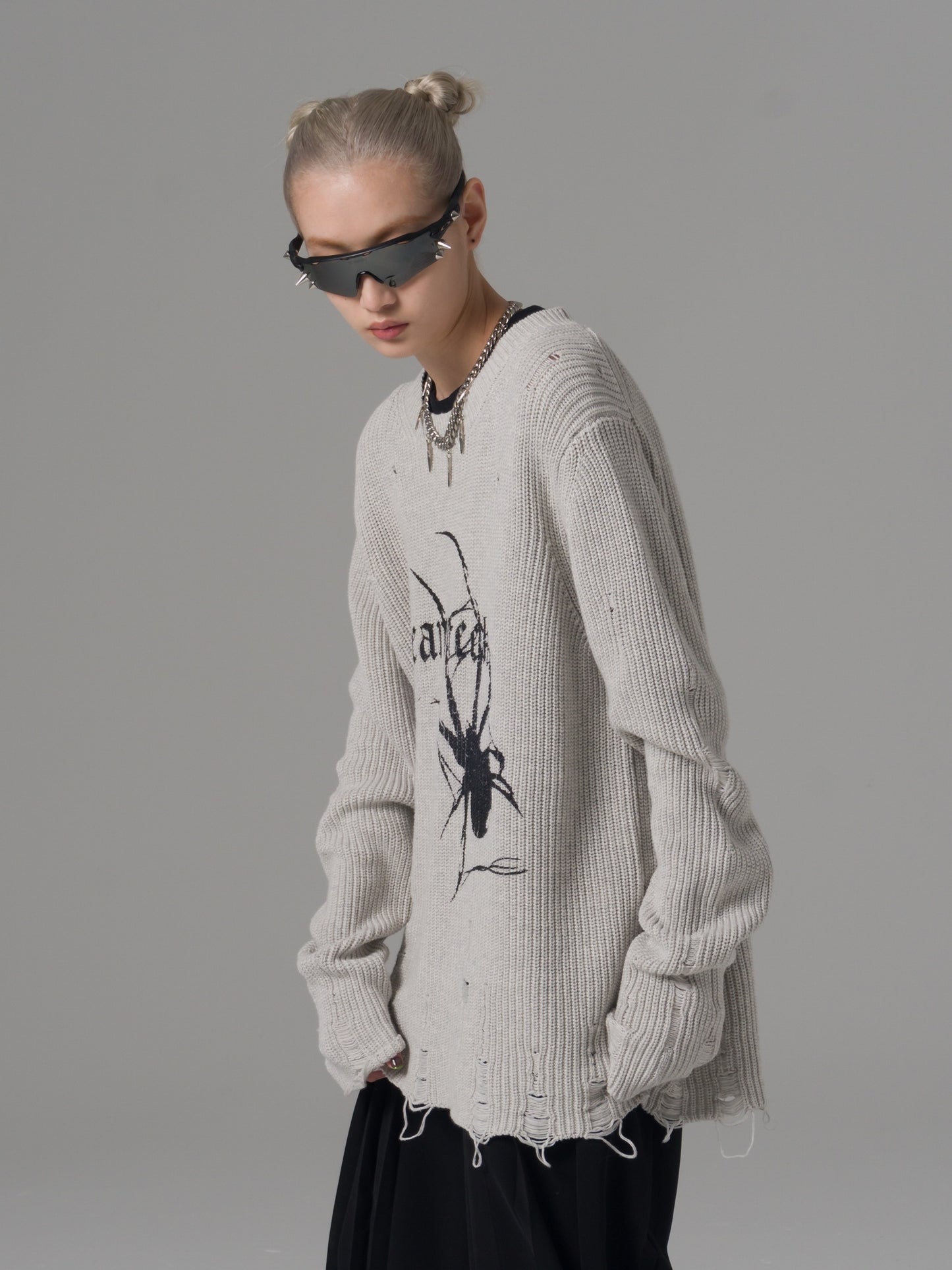 Women's Destruction Hole Spider Print Loose Sweater