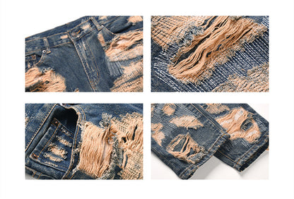 Retro Washed Straight Hole Blasted Street Jeans