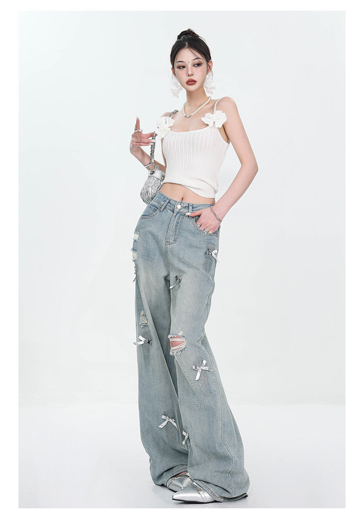 Women's Bow Wide Leg Retro Ripped Straight Jeans