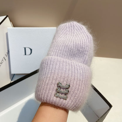 Winter New Buckle Rabbit Fur Knitted Hat