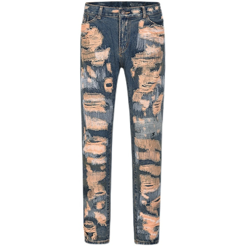 Retro Washed Straight Hole Blasted Street Jeans