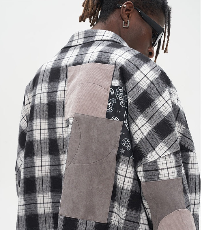 Street Hip Hop Fabric Patchwork Plaid Loose Casual Long Sleeve Shirt