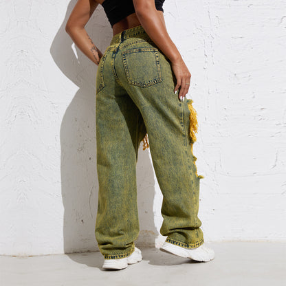 Shascullfites Melody Yellow Wash Streetwear Split Loose Straight Jeans Y2K Ripped Retro Women Denim Pants