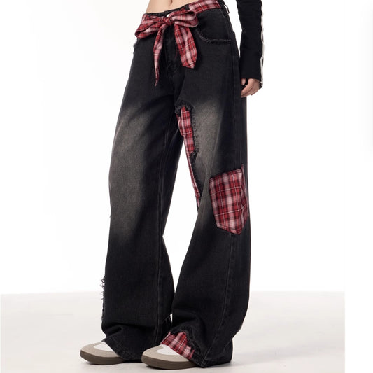 Bowknot Loose fit Plaid Stitching Jeans