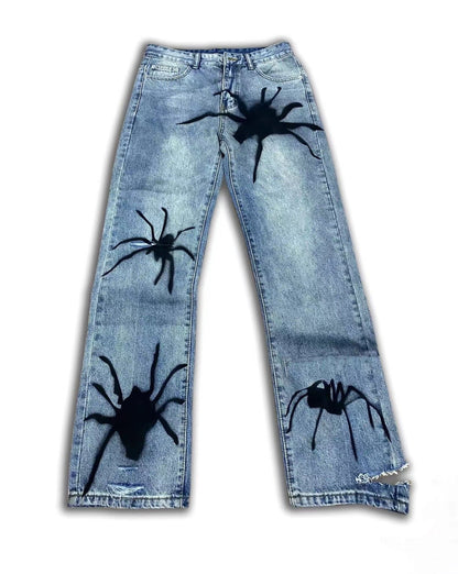 Three-dimensional Spider Spray Paint Washed Damaged Jeans