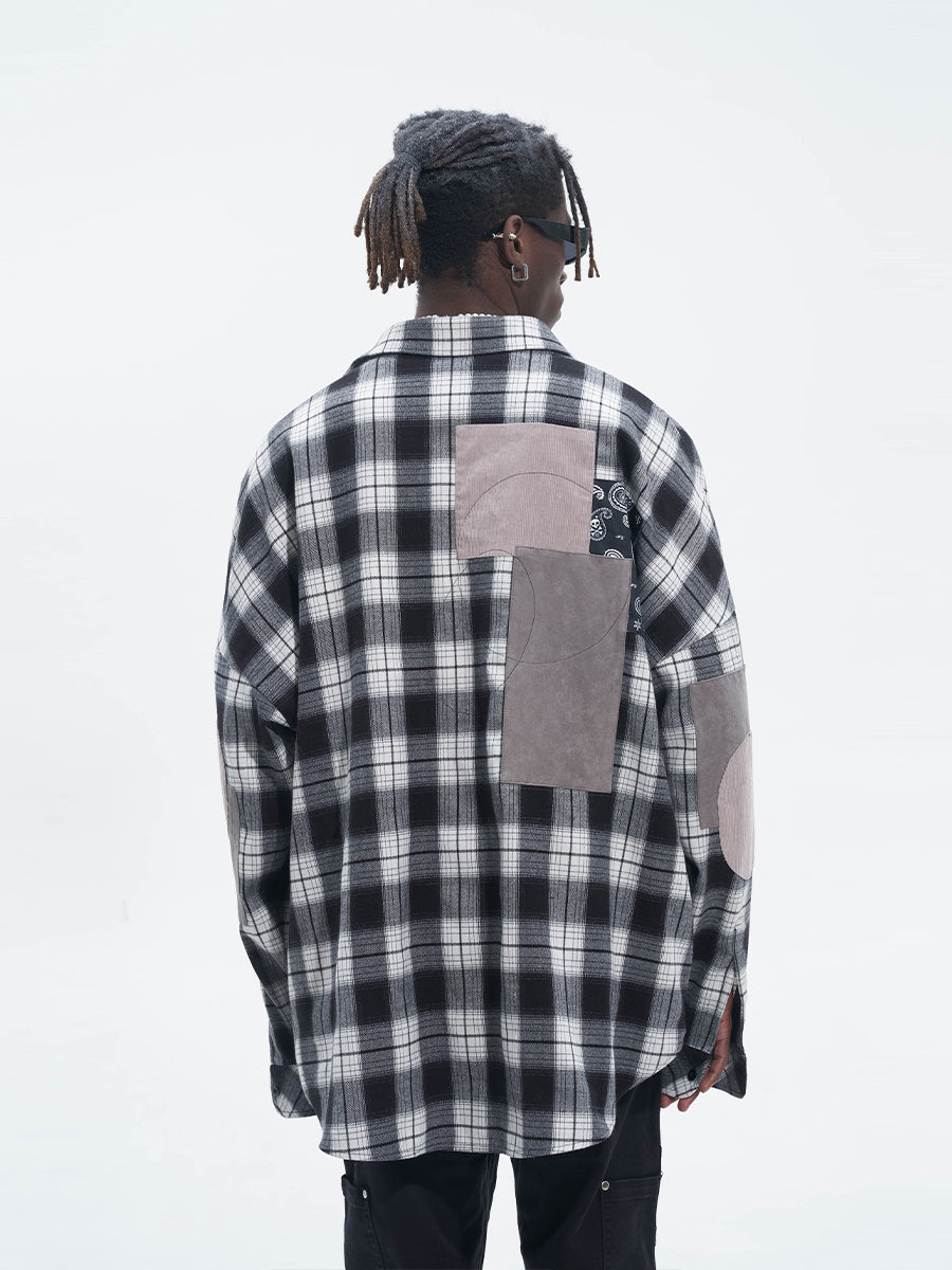 Street Hip Hop Fabric Patchwork Plaid Loose Casual Long Sleeve Shirt