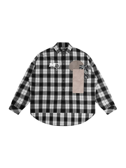 Street Hip Hop Fabric Patchwork Plaid Loose Casual Long Sleeve Shirt